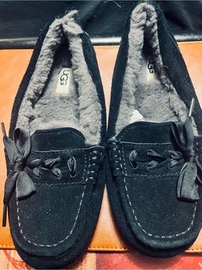 UGG Women's Black Suede Moccasin Slippers with Gray Shearling Lining